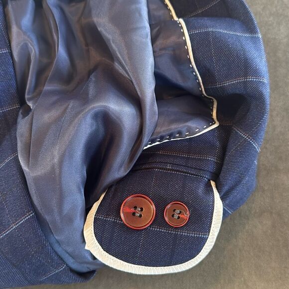 Men’s Blue Plaid 3 Piece Slim Fit Suit Notched Lapel Jacket 34 Pants 32 NEW - Picture 15 of 16